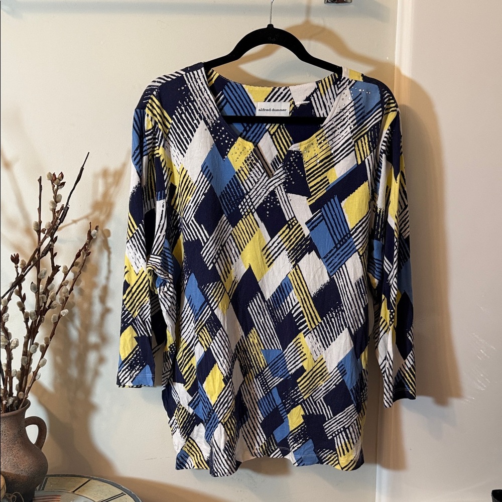 Alfred Dunner Geometric Blue and Yellow Blouse